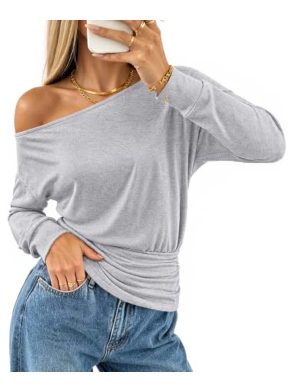 MEROKEETY Women's Off Shoulder Long Sleeve Top Asymmetrical One Shoulder Blouse